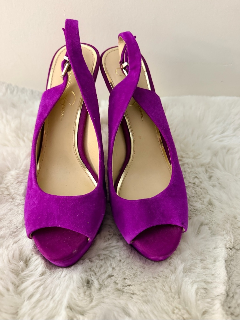 Jessica Simpson Fuchsia Suede Peep-Toe Slingback Platforms